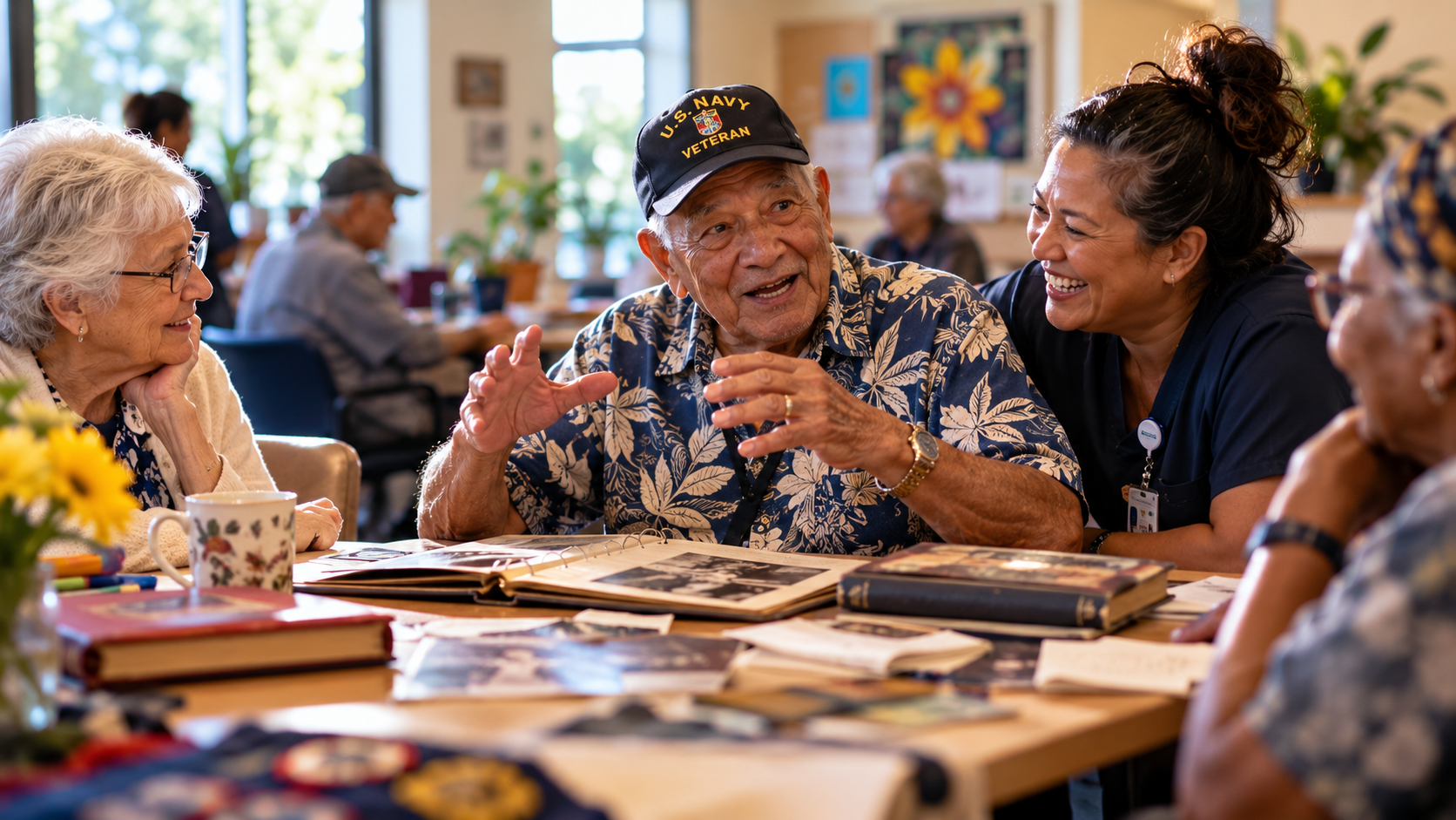 An older Navy veteran shares a lively story around a table while other participants and a team member listen and smile.