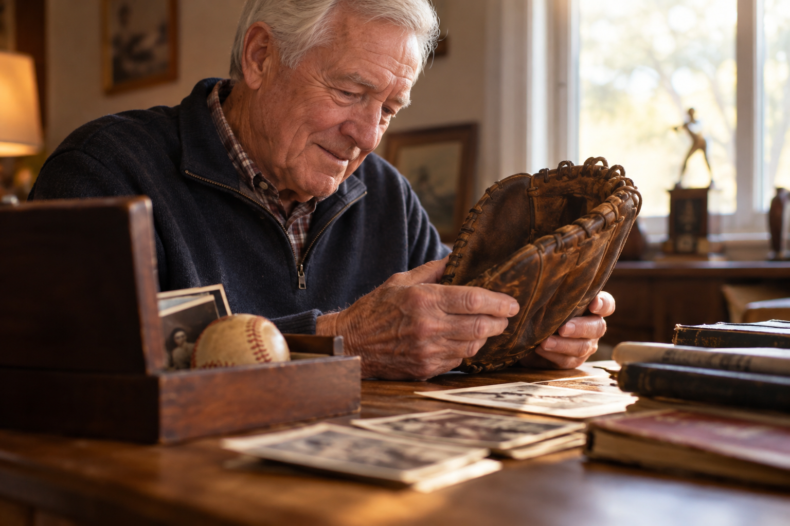 An older man holds a worn baseball glove at a table with photographs and familiar keepsakes.