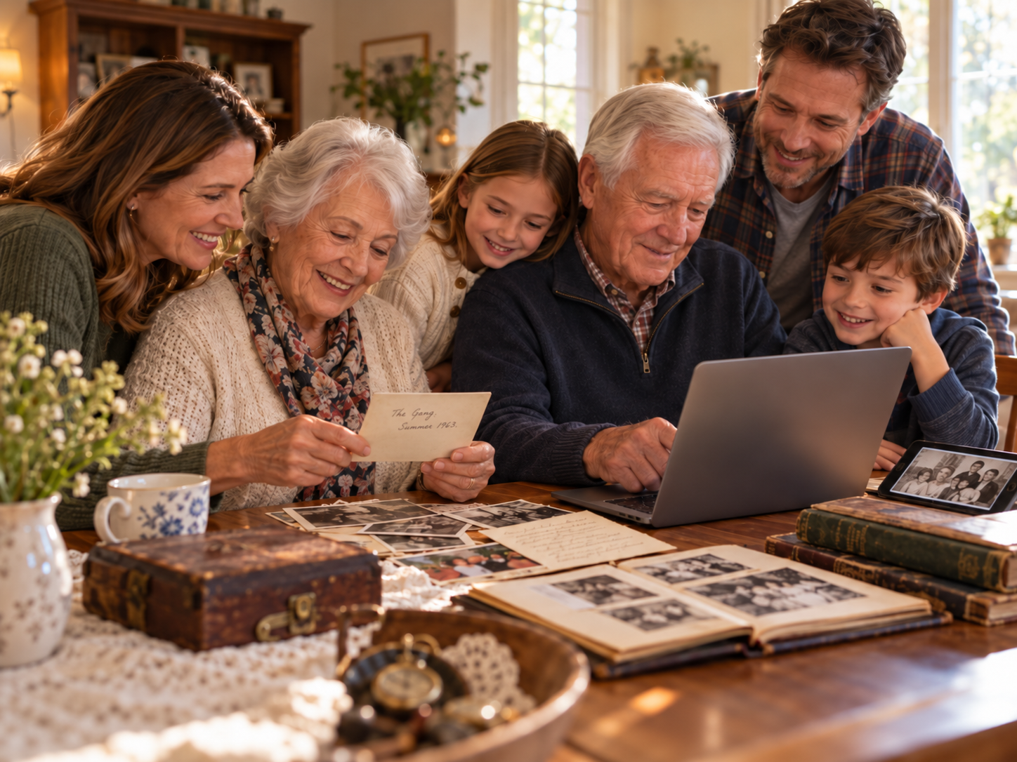 Three generations gathered around a laptop and family photographs. The grandmother holds the back of a photograph marked “The Gang, Summer 1963.”