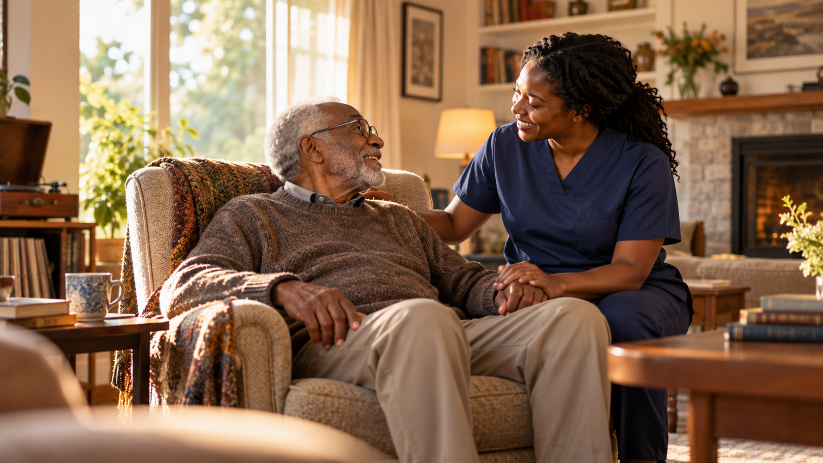 A caregiver and an older man share a warm conversation in his sunlit living room.