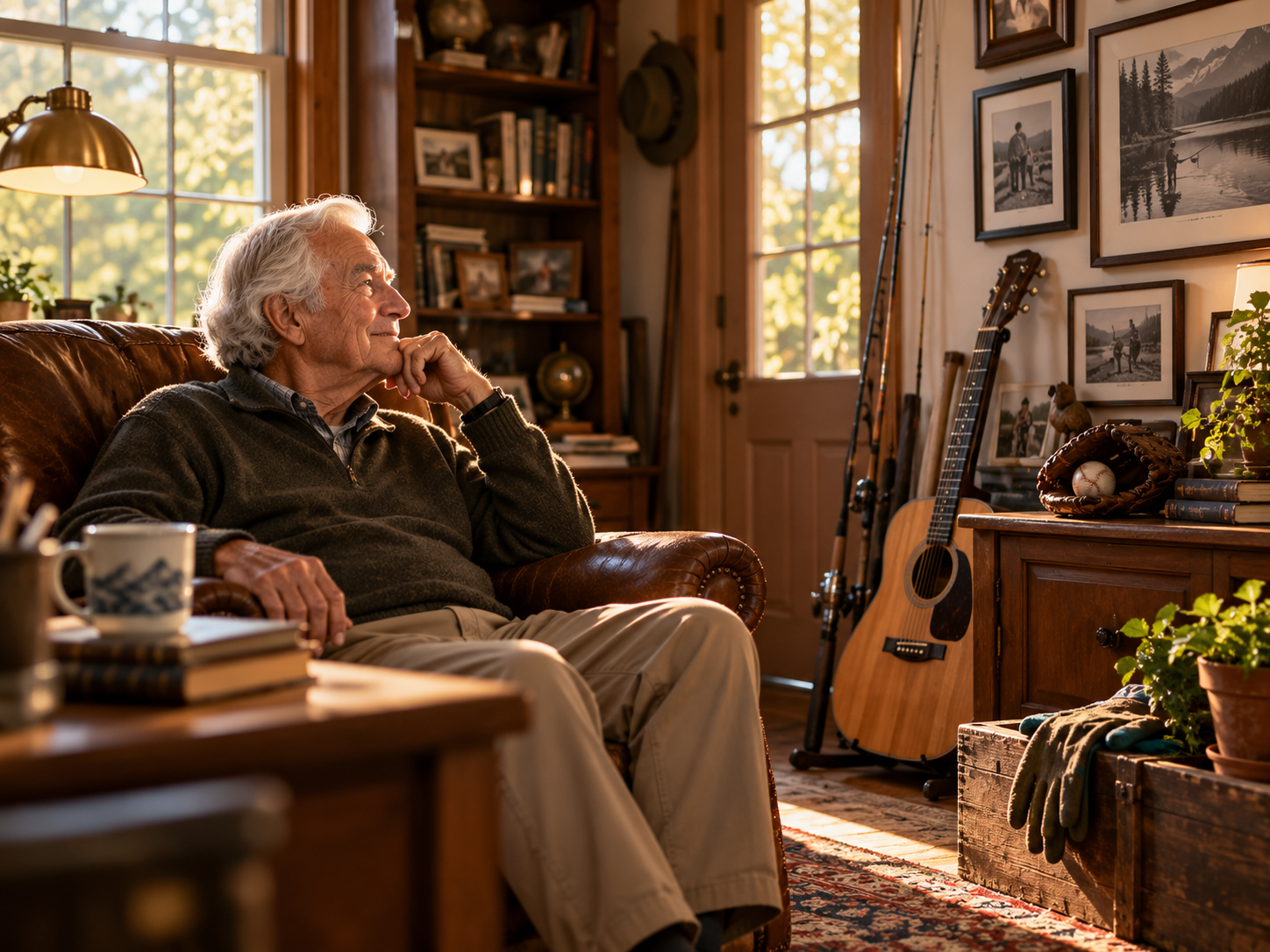 An older man sits in a lived-in room with fishing rods, a guitar, a baseball glove, books and photographs.
