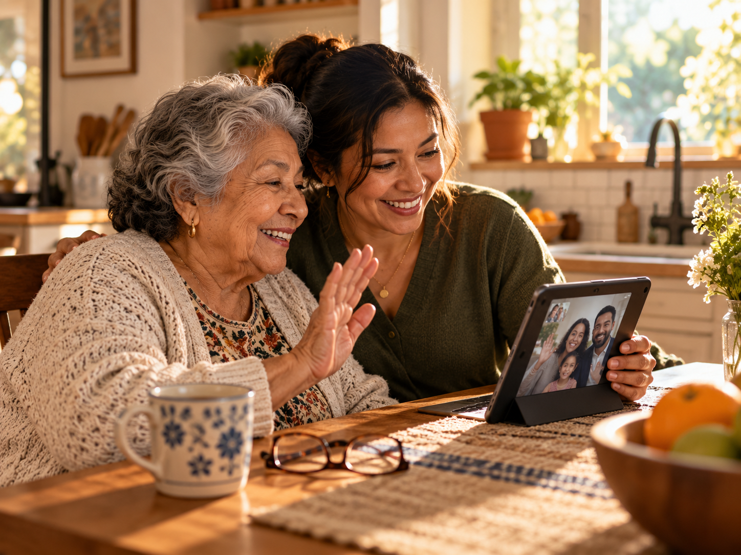 An older woman and a younger woman smile and wave to family on a tablet video call in a bright kitchen.