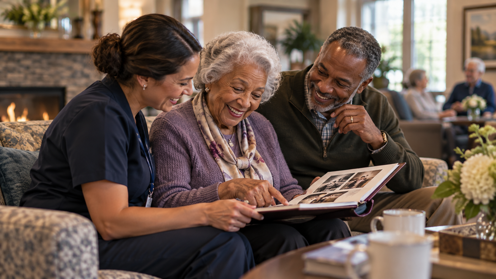 An older Black resident shares a photograph album with a family member and a community team member.