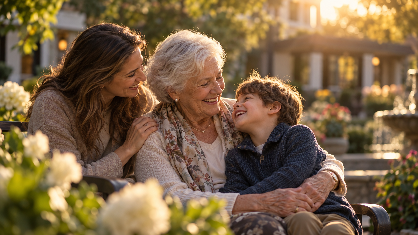 A grandmother, her adult daughter, and young grandson laughing together in a garden at golden hour.