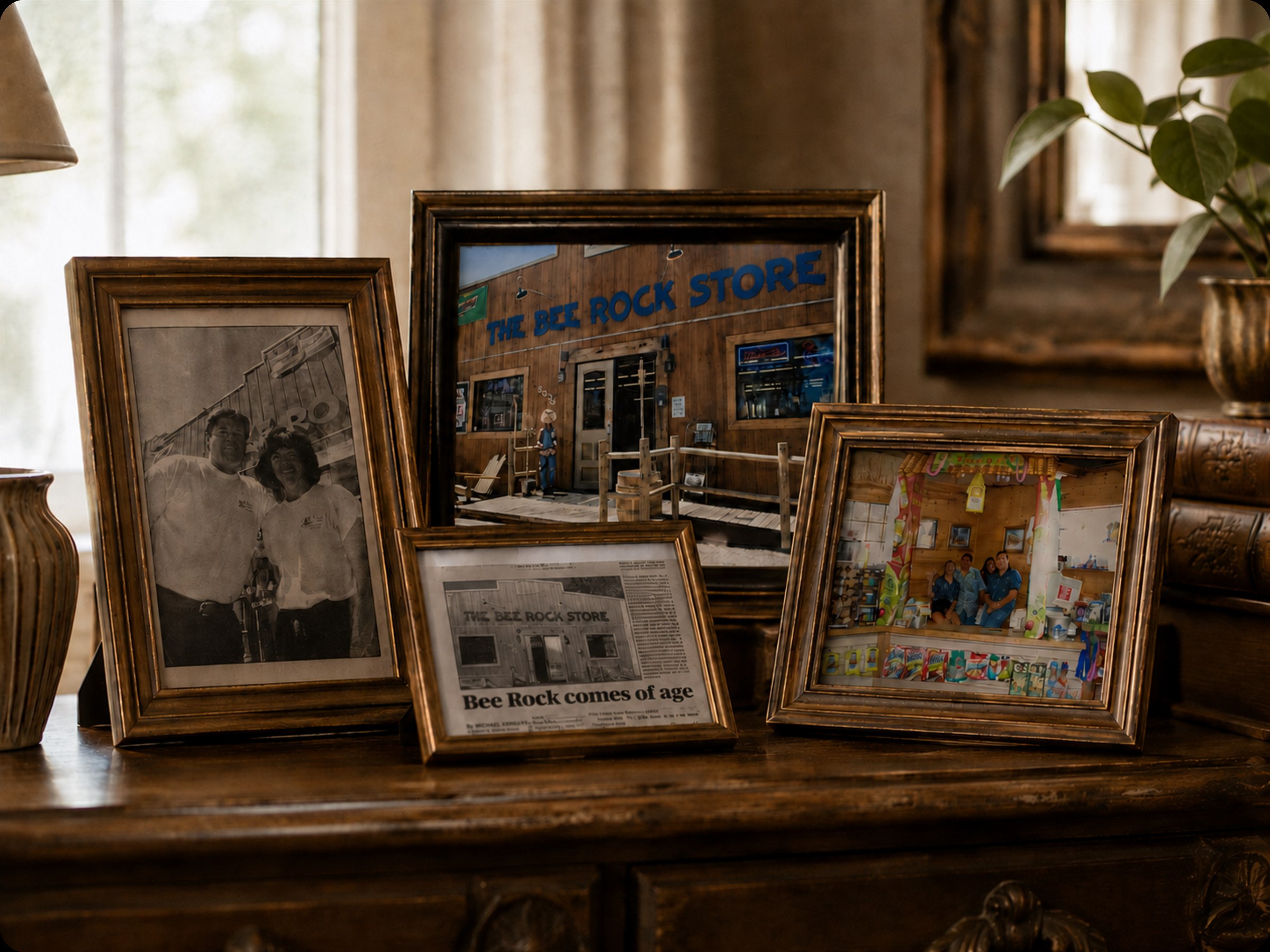 Framed photographs and newspaper history from the Bee Rock Store gathered on a family picture table.