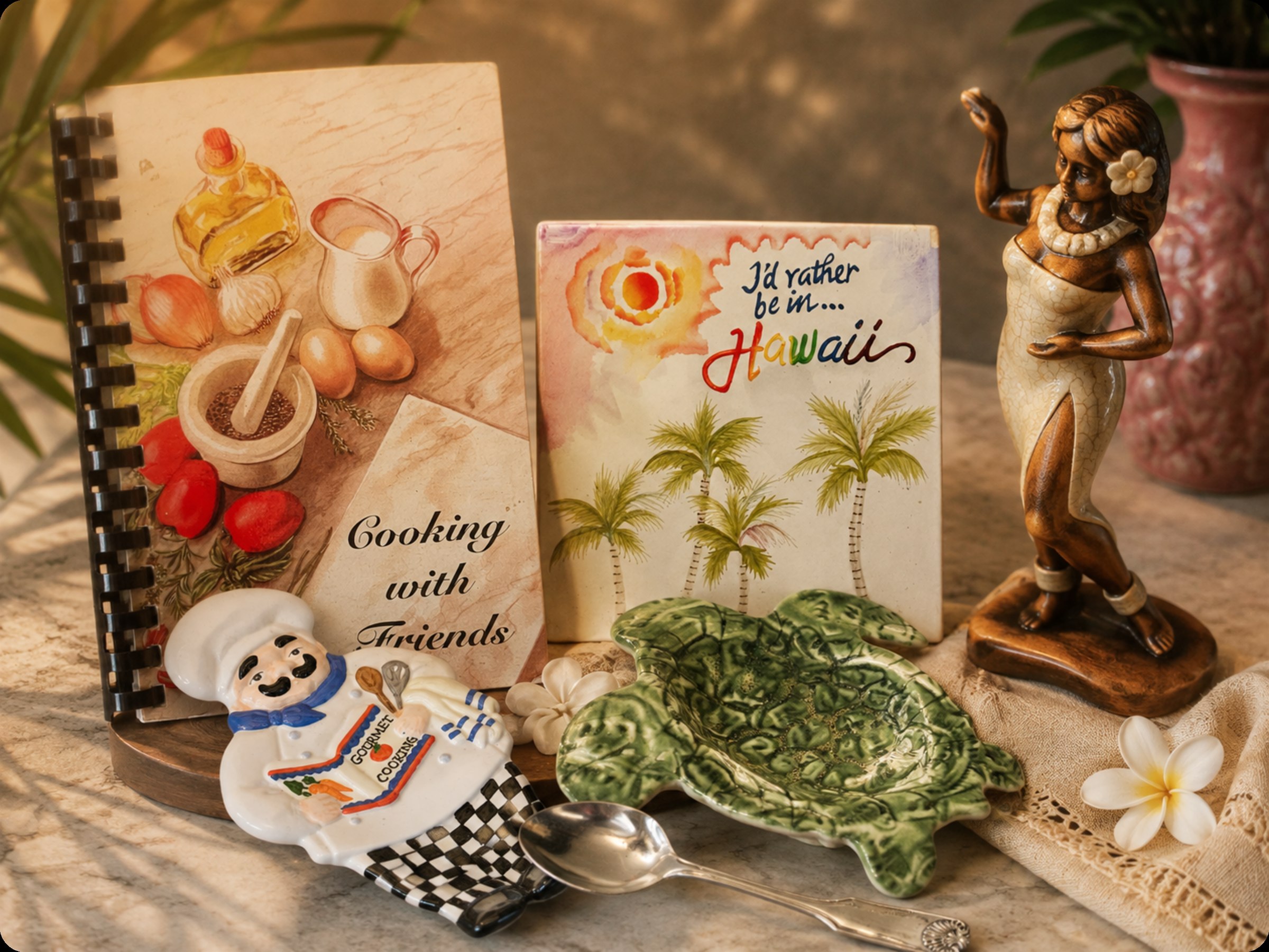 A Hawaii cooking memory arranged with recipe books, family keepsakes, and a hula figure.