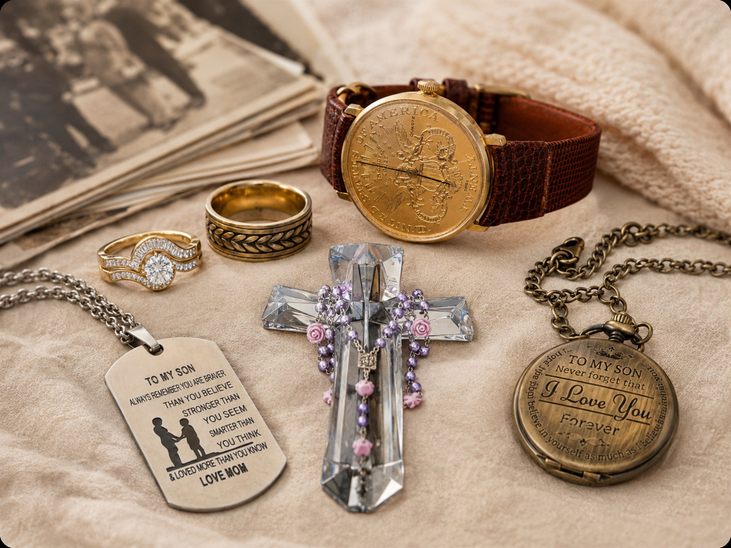A collection of meaningful jewelry, a watch, and family keepsakes arranged with an archival photograph.